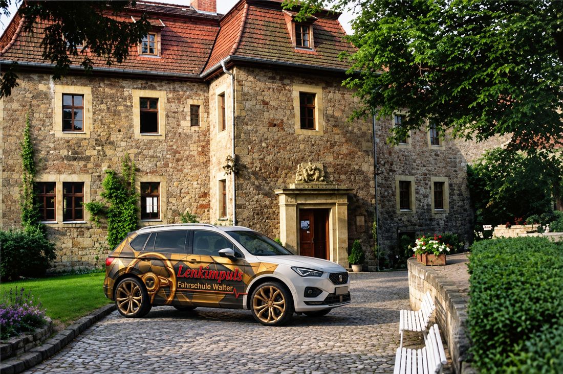 Das Lenkimpuls-Fahrschulauto vor dem Schloss in Creuzburg